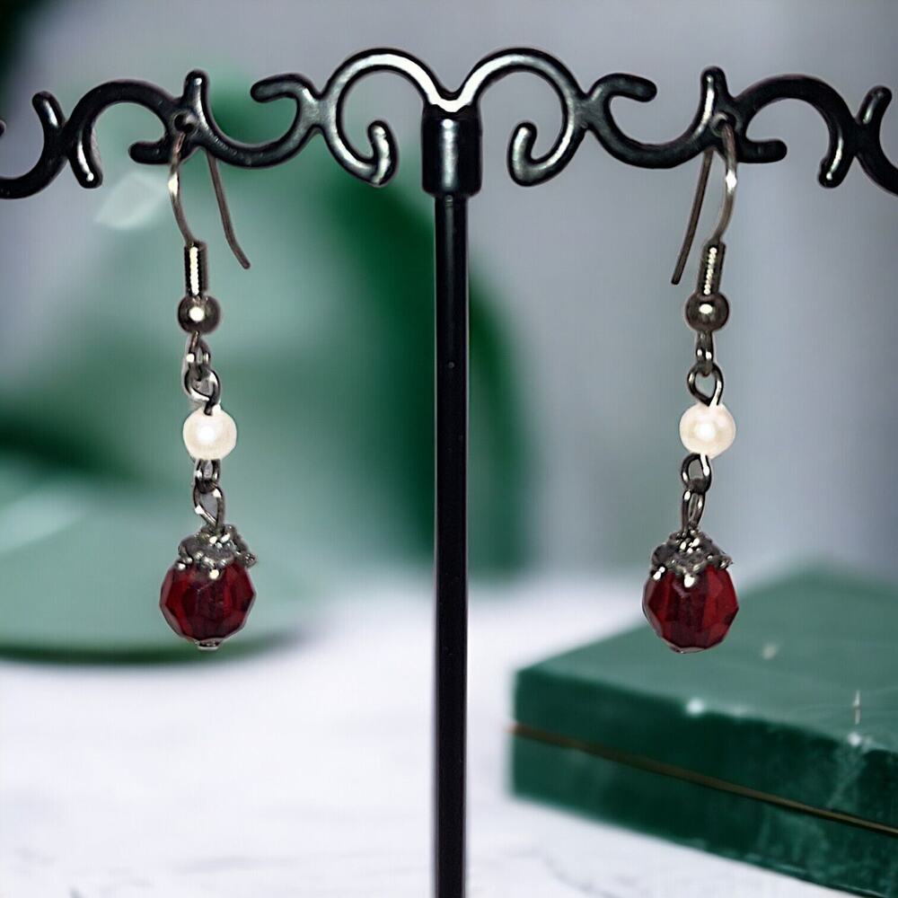Sterling Silver Vintage Real Pearl & Red Garnet Drop 1 5/8" Earrings!